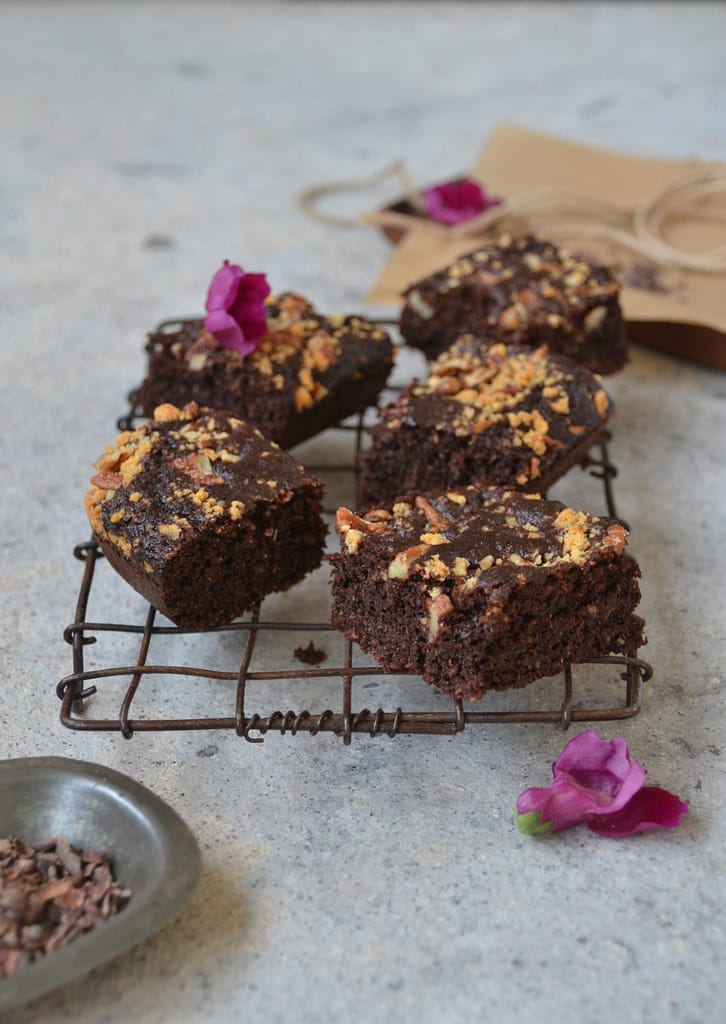 Chocolate brownies on a metal tray